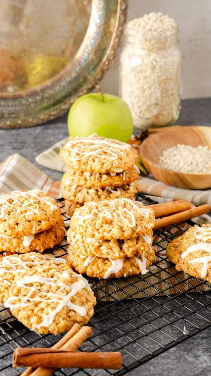 A few stacks of oatmeal cookies made with diced Granny Smith apples.