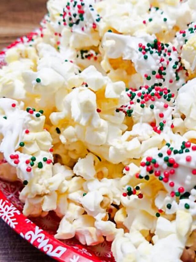 Christmas White Chocolate Peppermint Popcorn Snack Mix Story