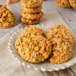 A plate of oatmeal butterscotch cookies with cookies spread out in the background.