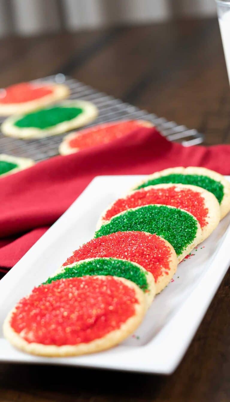 Sanded Sugar Cookies with red and green sugar on a platter.