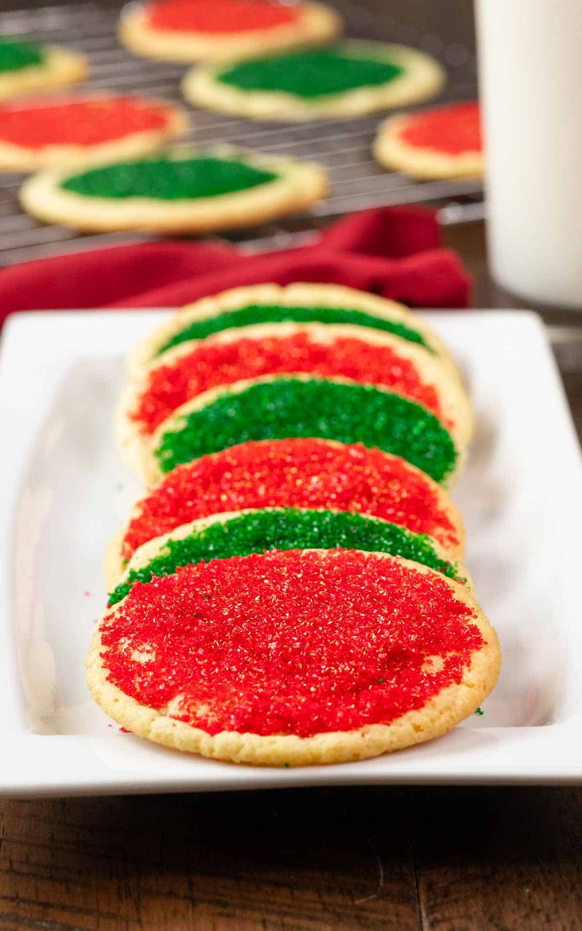 Old fashioned sugar cookies with red and green sanding sugar.