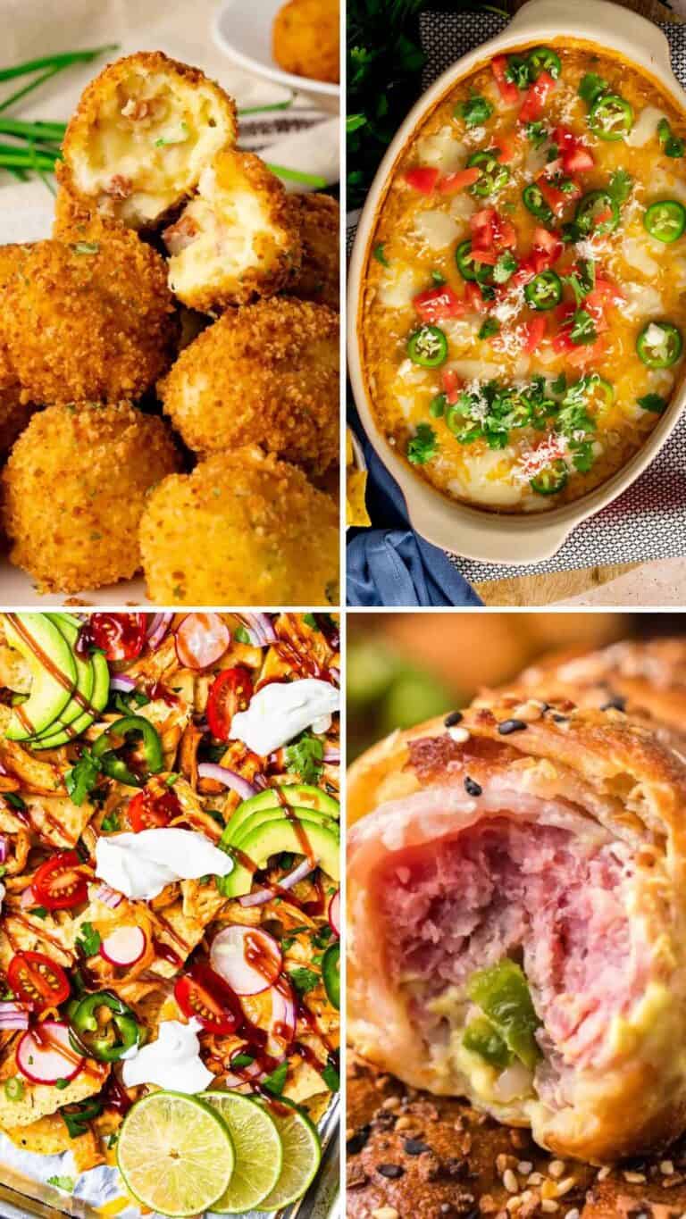A collage of Game Day recipes including nachos, pigs in a blanket, and dip.