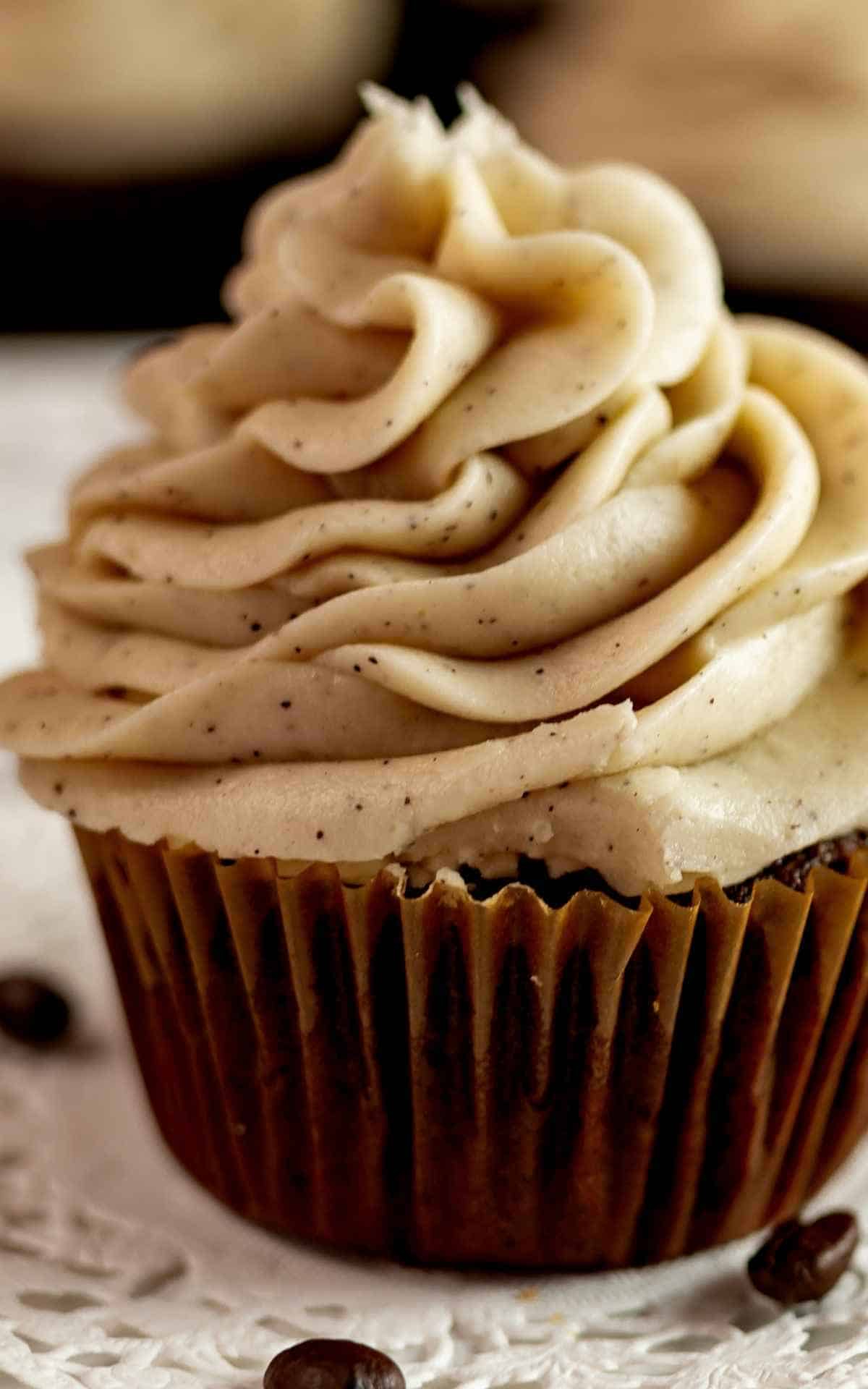 A chocolate cupcake with espresso buttercream frosting.