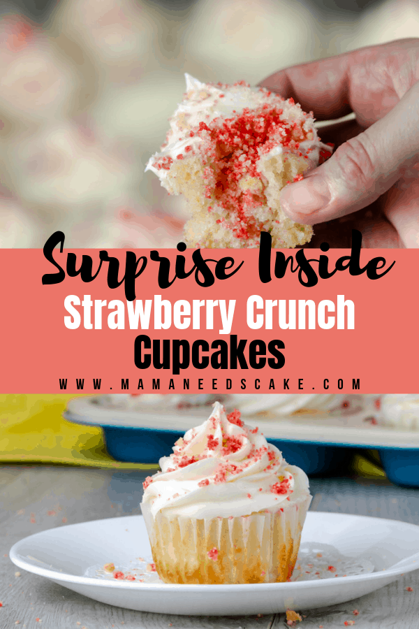 Vanilla Cupcakes filled with strawberry crunch crumbles and frosted with cream cheese buttercream then garnished with strawberry crunch crumbles.