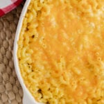 southern baked mac and cheese in a ceramic dish.