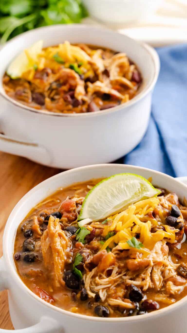 two bowls of instant pot chipotle chicken chili