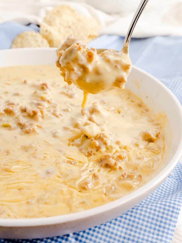 serving spoon of white queso cheese dip