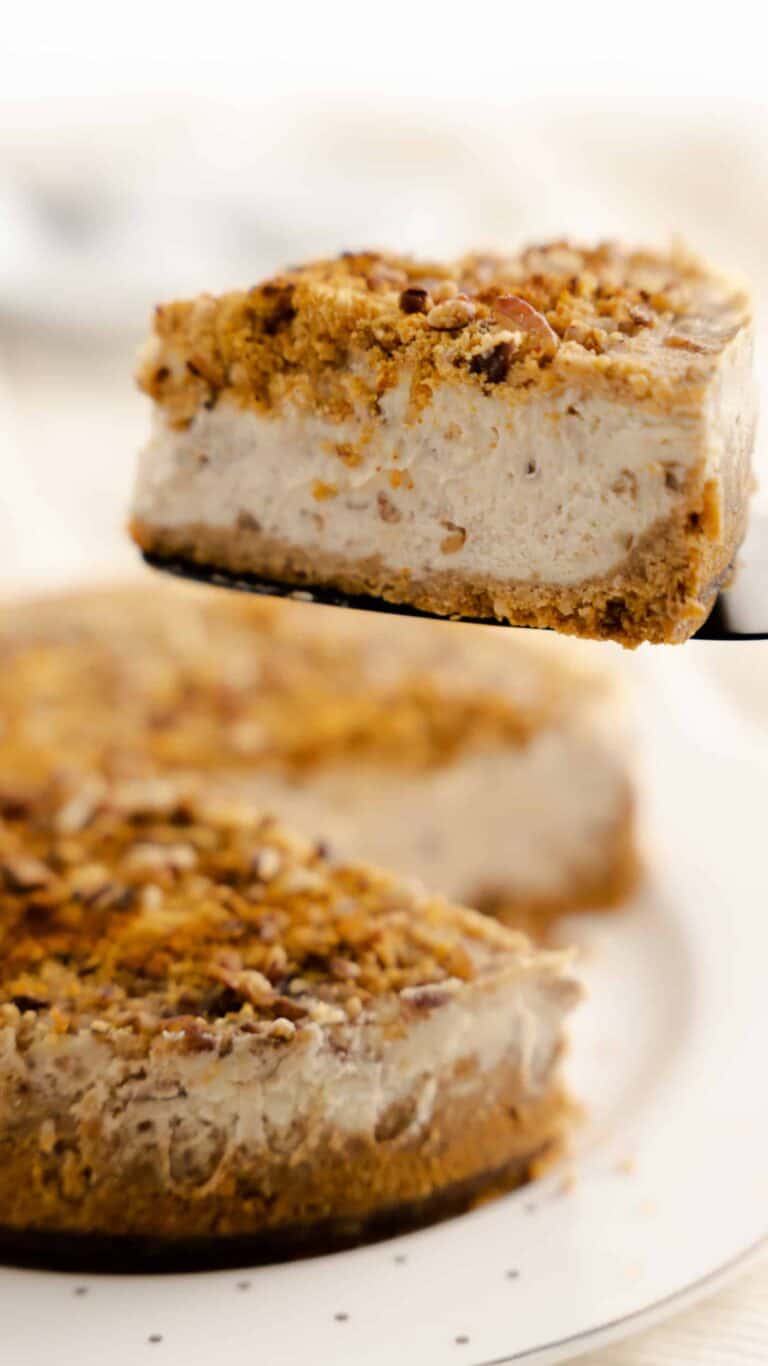 slice of butter pecan cheesecake on black cake server