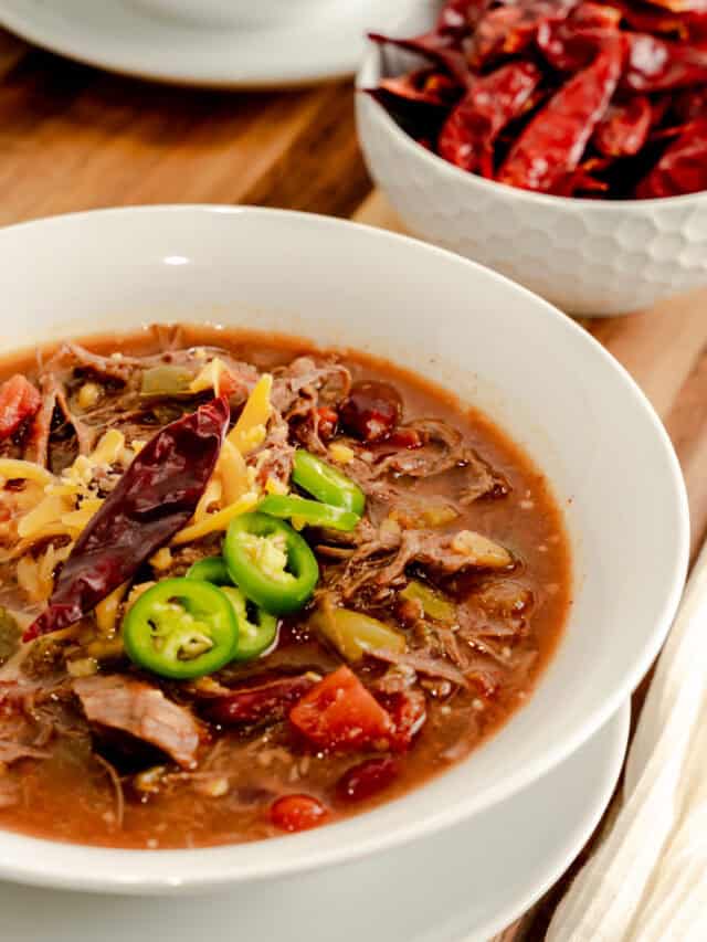 White bowl filled with Instant Pot Spicy Venison Chili