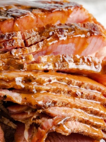 close up of honey baked ham copycat spiral cut