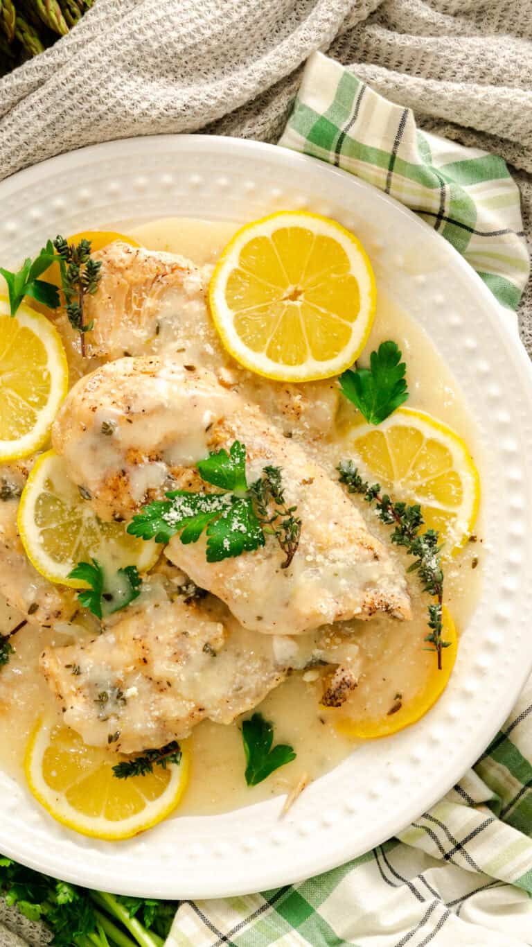 top view of a plate of lemon thyme parmesan chicken
