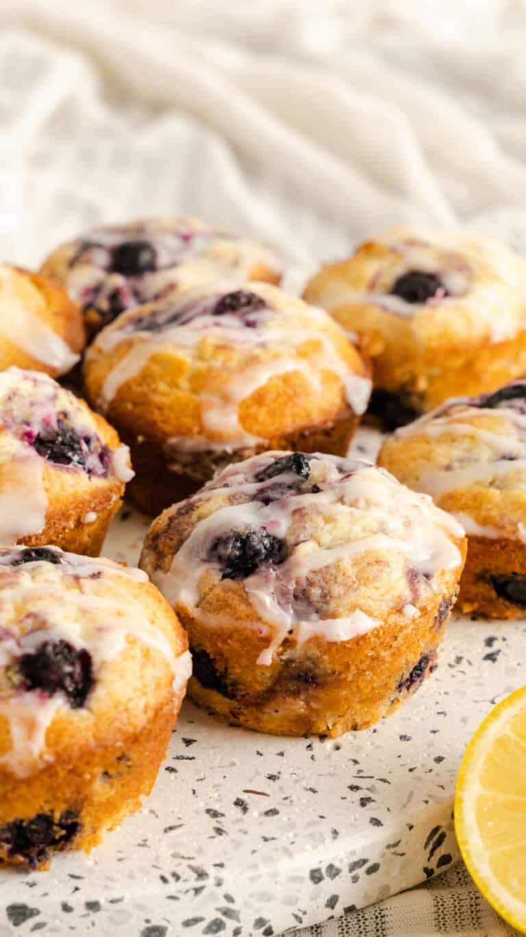 Lemon blueberry muffins on speckled serving platter