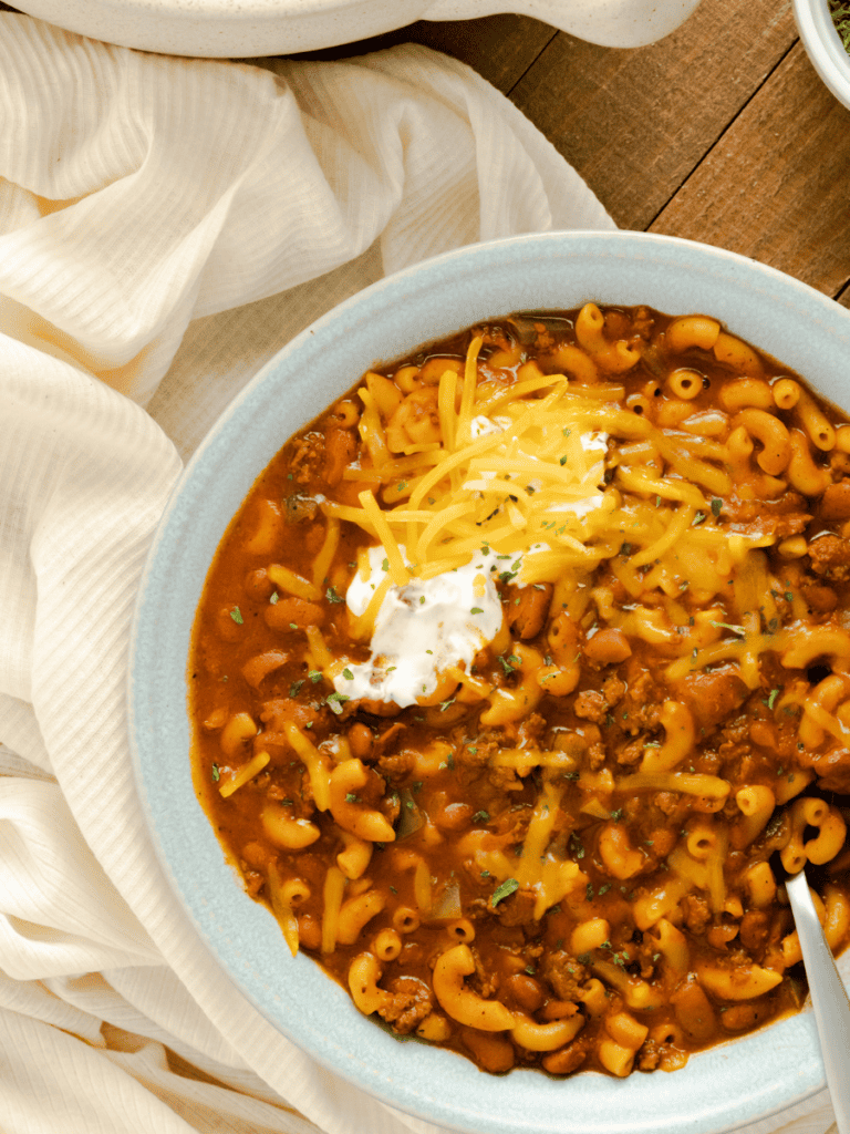 chili mac in blue bowl