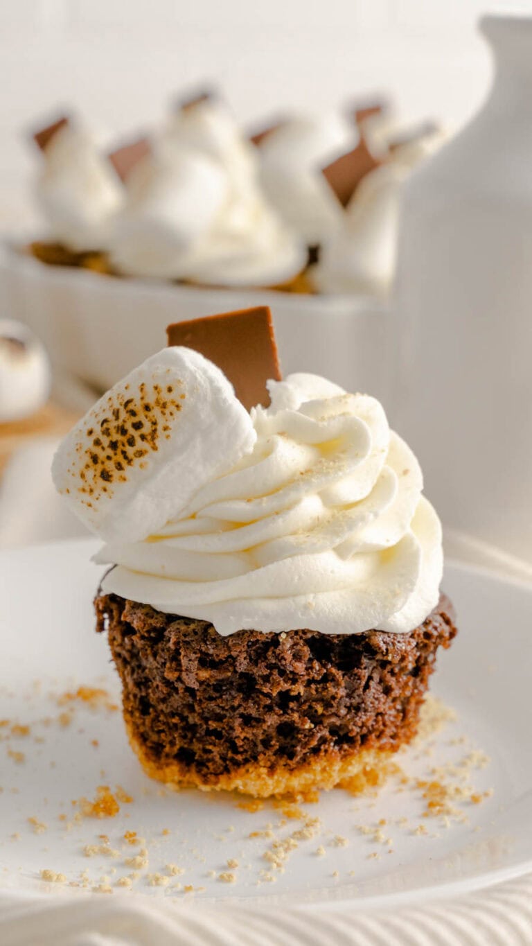 S’Mores chocolate cupcake with a graham cracker crust and white marshmallow frosting on a white plate with crumbled graham cracker crumbs.