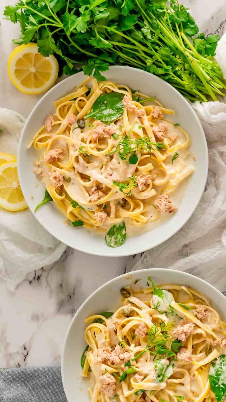Instant Pot Lemon Pepper Tuna Pasta made with fettuccine and a cream based broth.