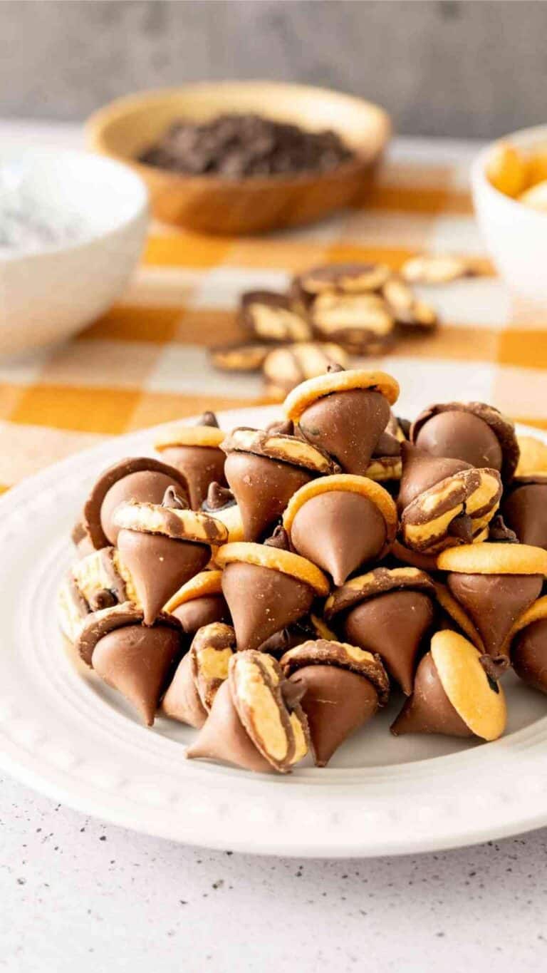 A plate of acorn kisses made with nilla wafers, fudge stripes, mini chocolate chips, and hershey kisses.