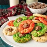 Christmas kiss cookies decorated with red and green sanding sugar.