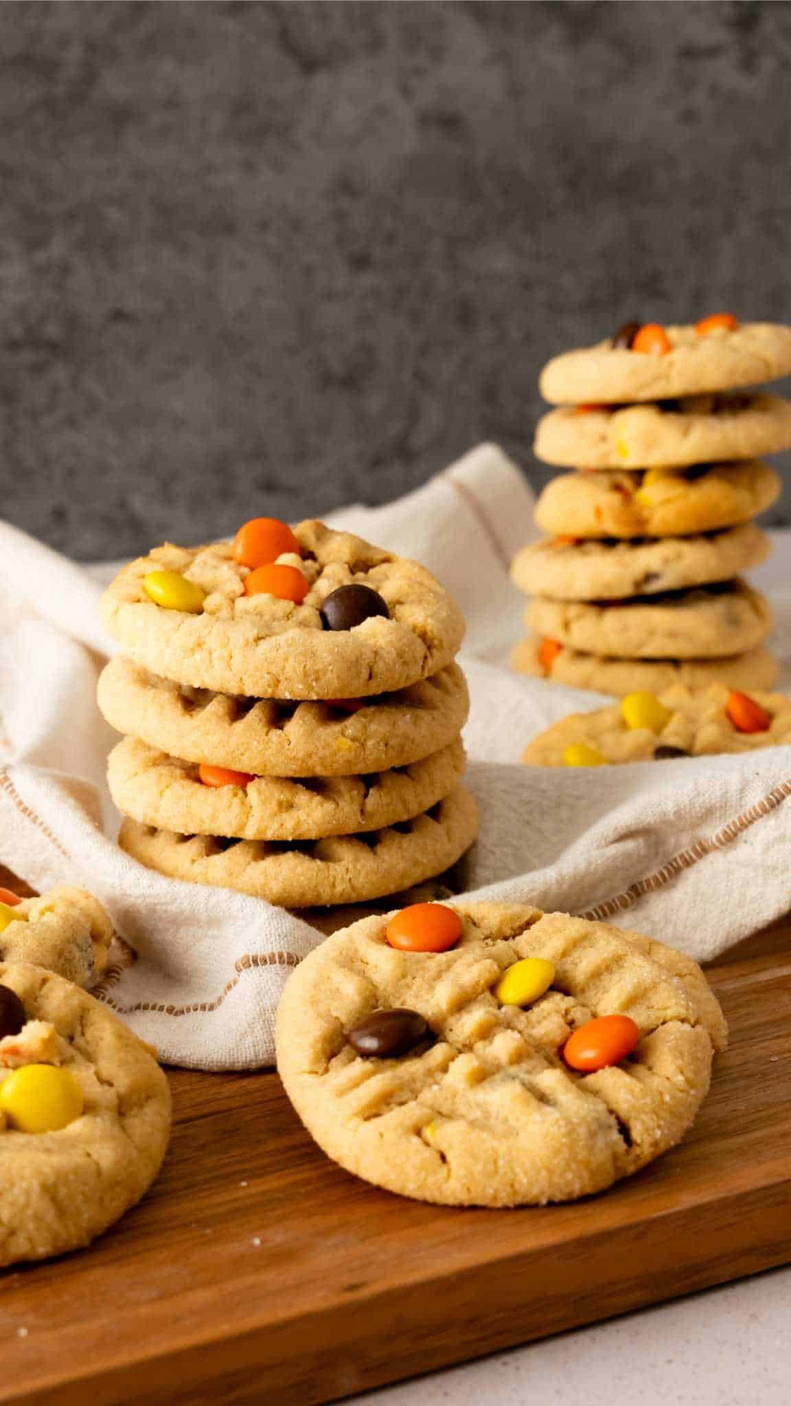 Reeses Pieces Peanut Butter Cookies stacked.
