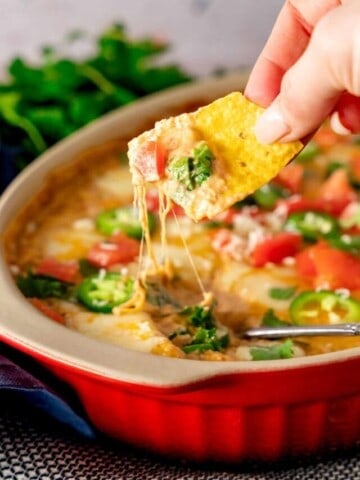 A tortilla chip with hot bean dip topped with tomatoes, cilantro, and jalapenos.