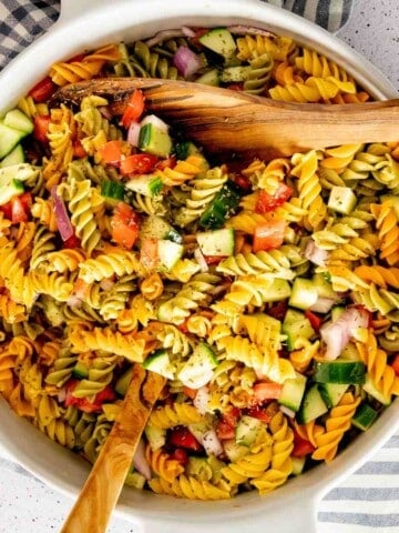 Oil and Vinegar Pasta Salad overhead featured image.