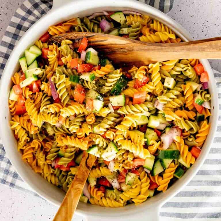 Oil and Vinegar Pasta Salad overhead featured image.