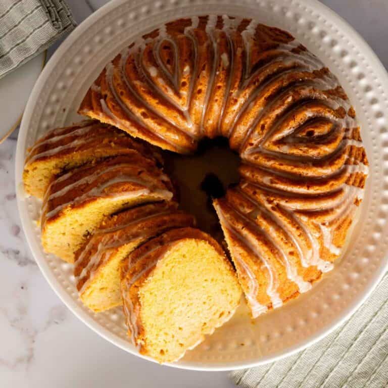 Birds eye view of sweet potato pound cake baked in bundt pan and sliced.