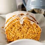 Sliced sweet potato bread with icing.