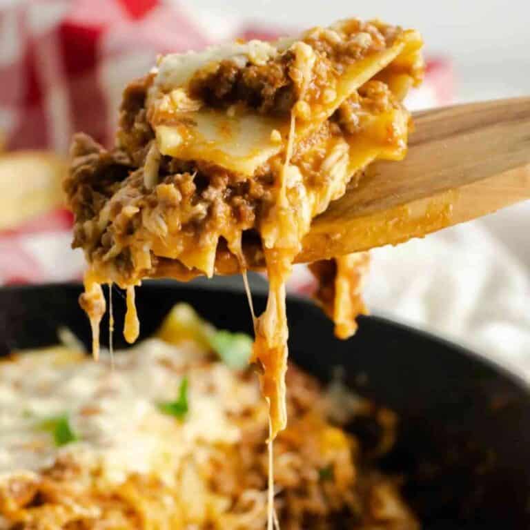 A cheesy slice of skillet lasagna.