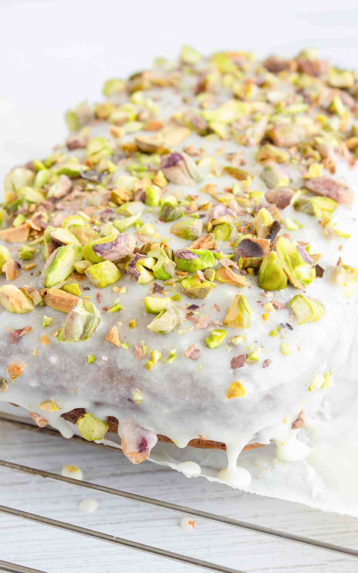 Pistachio bread with almond glaze and crushed pistachios.