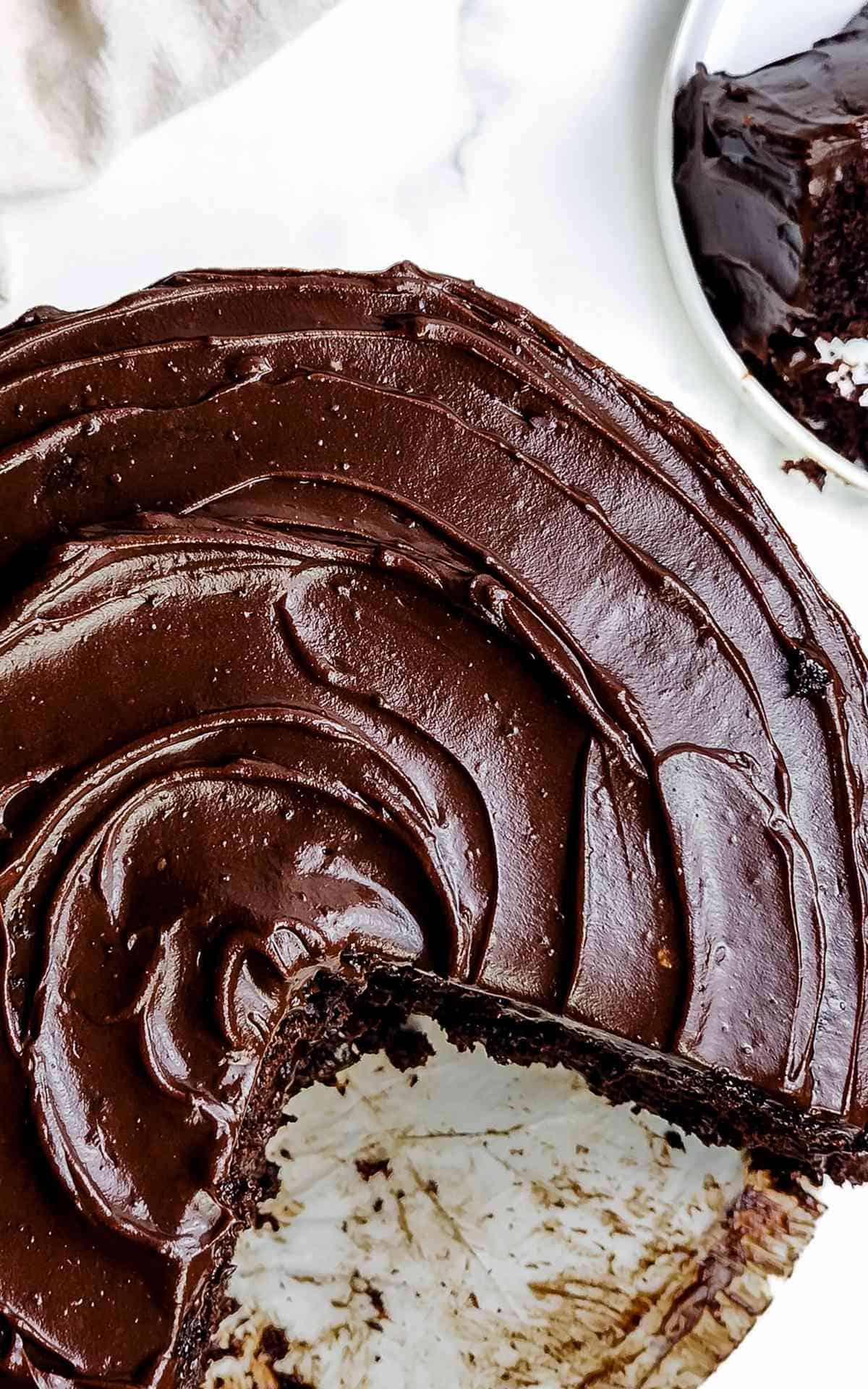 Fudgy Matilda chocolate cake recipe with swirls on top.