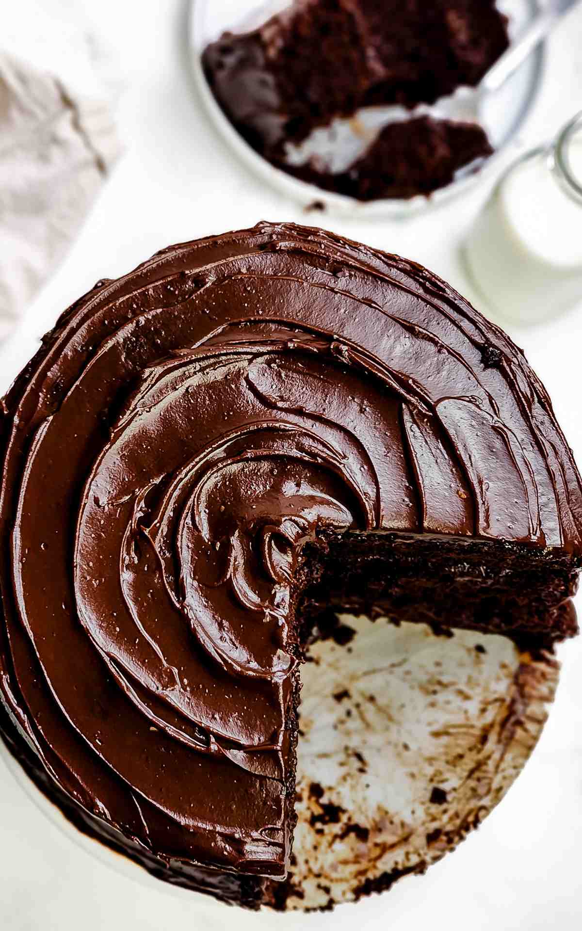 Top view of sliced into Matilda Chocolate Cake.