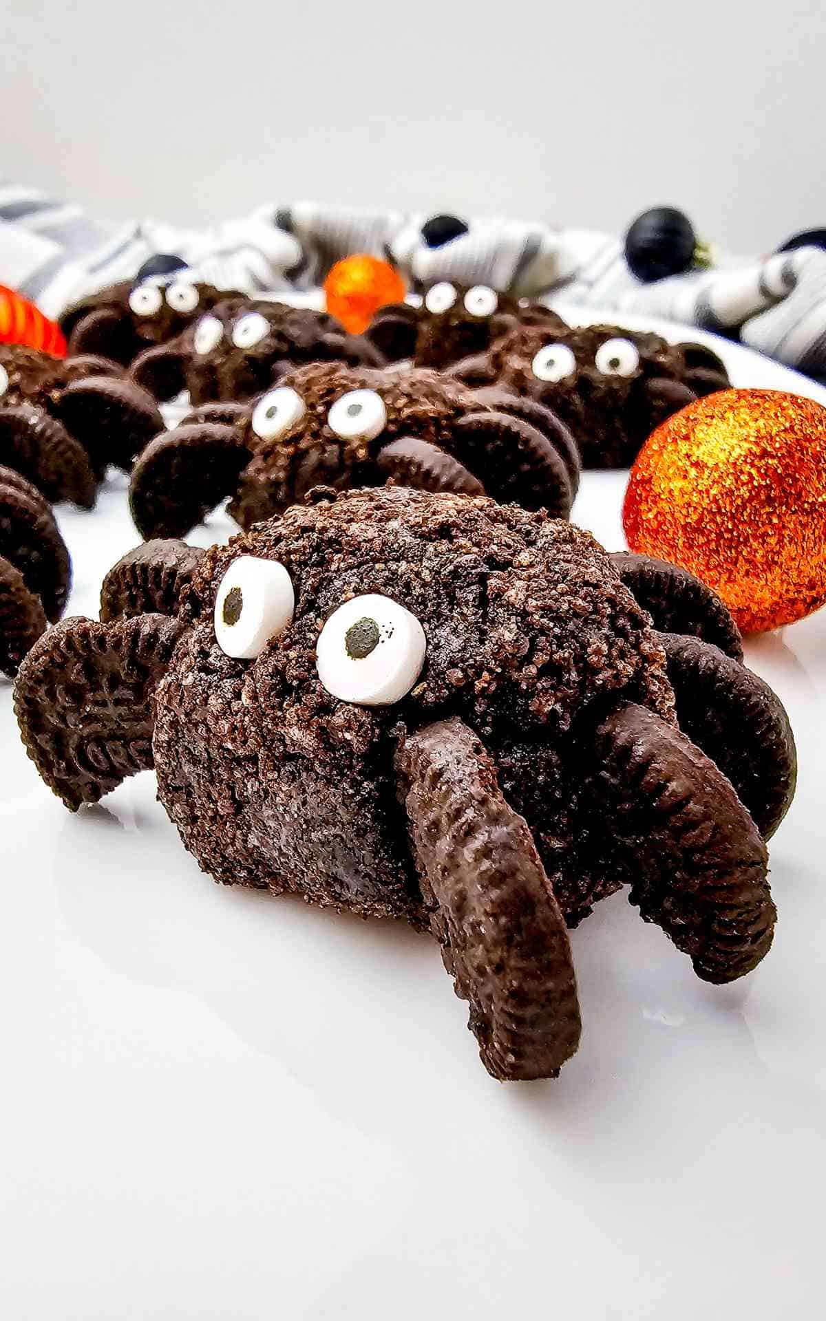 Halloween Oreo Balls in the shape of spiders.