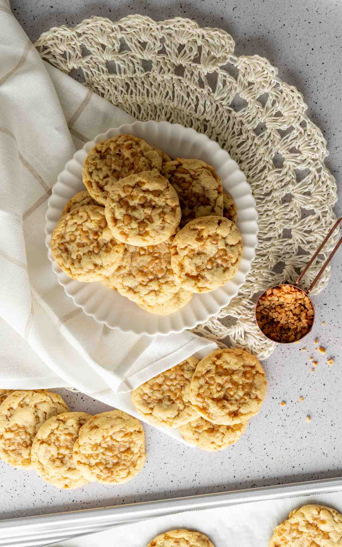 Overhead photo of toffee cookies on a plate.