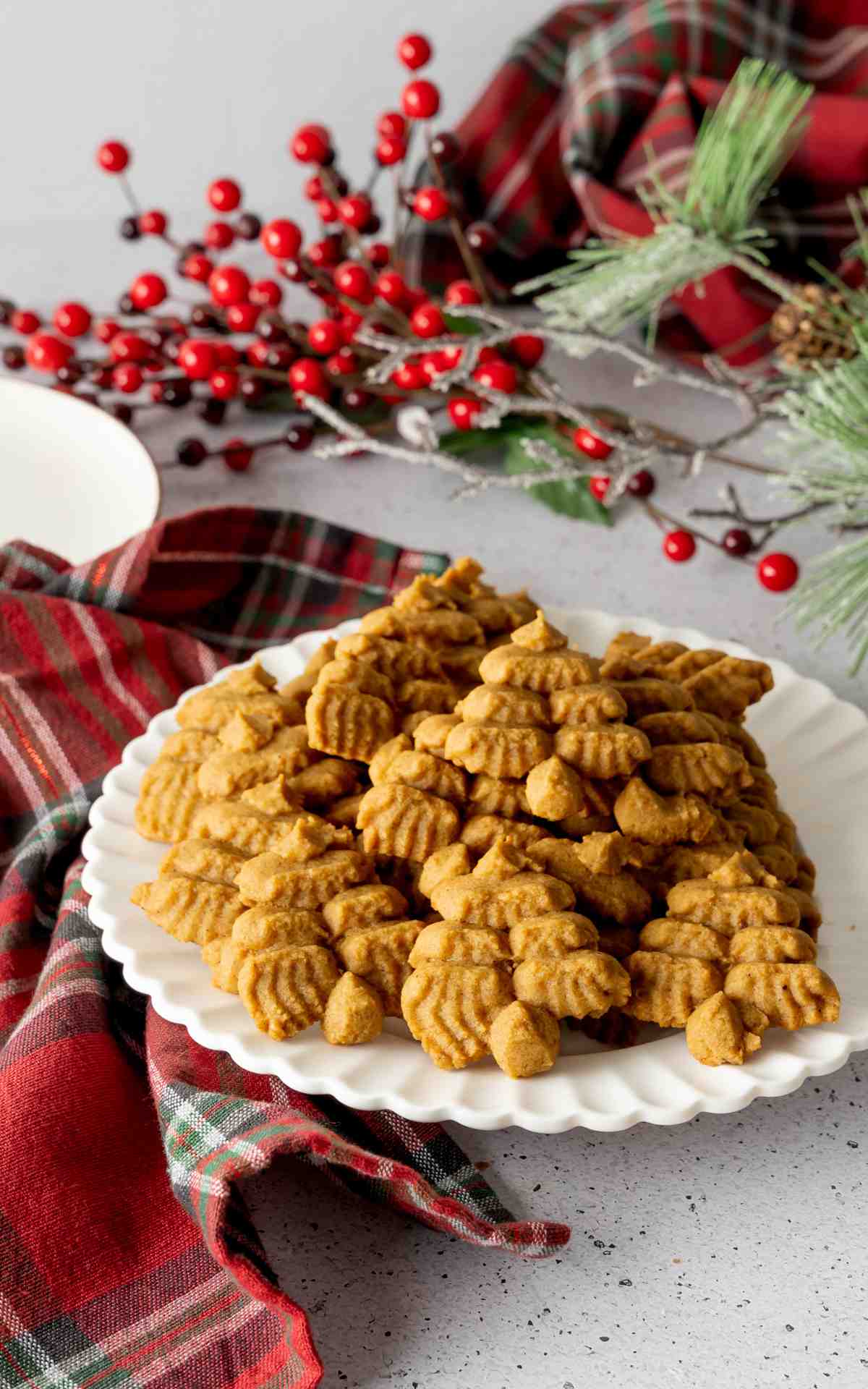 Molasses Spritz Cookies on a scalloped plate with a Christmas background.