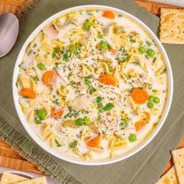 Slow Cooker chicken noodle soup in a bowl featured image.