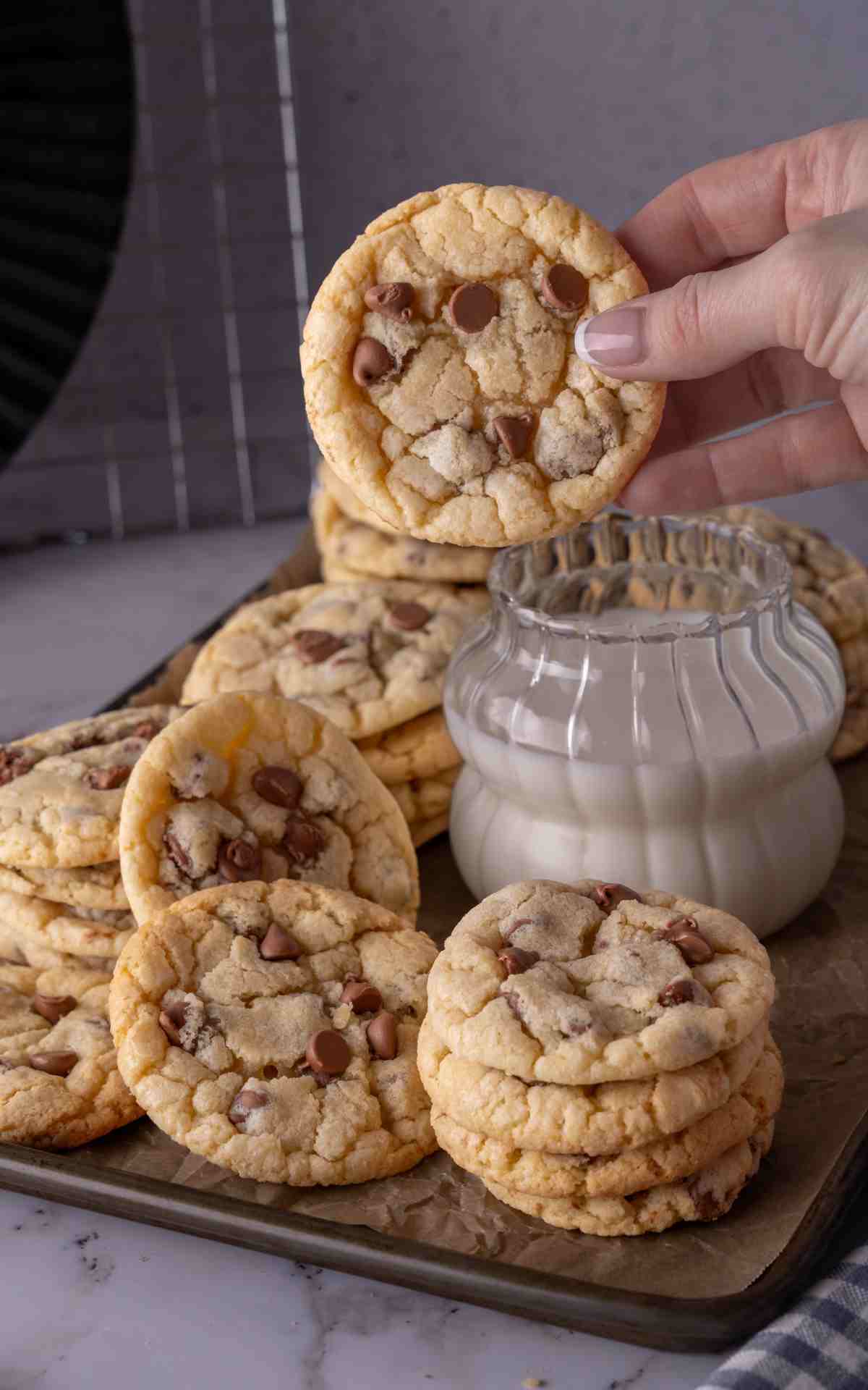 A hand holding up a soft chocolate chip cookie to the camera.