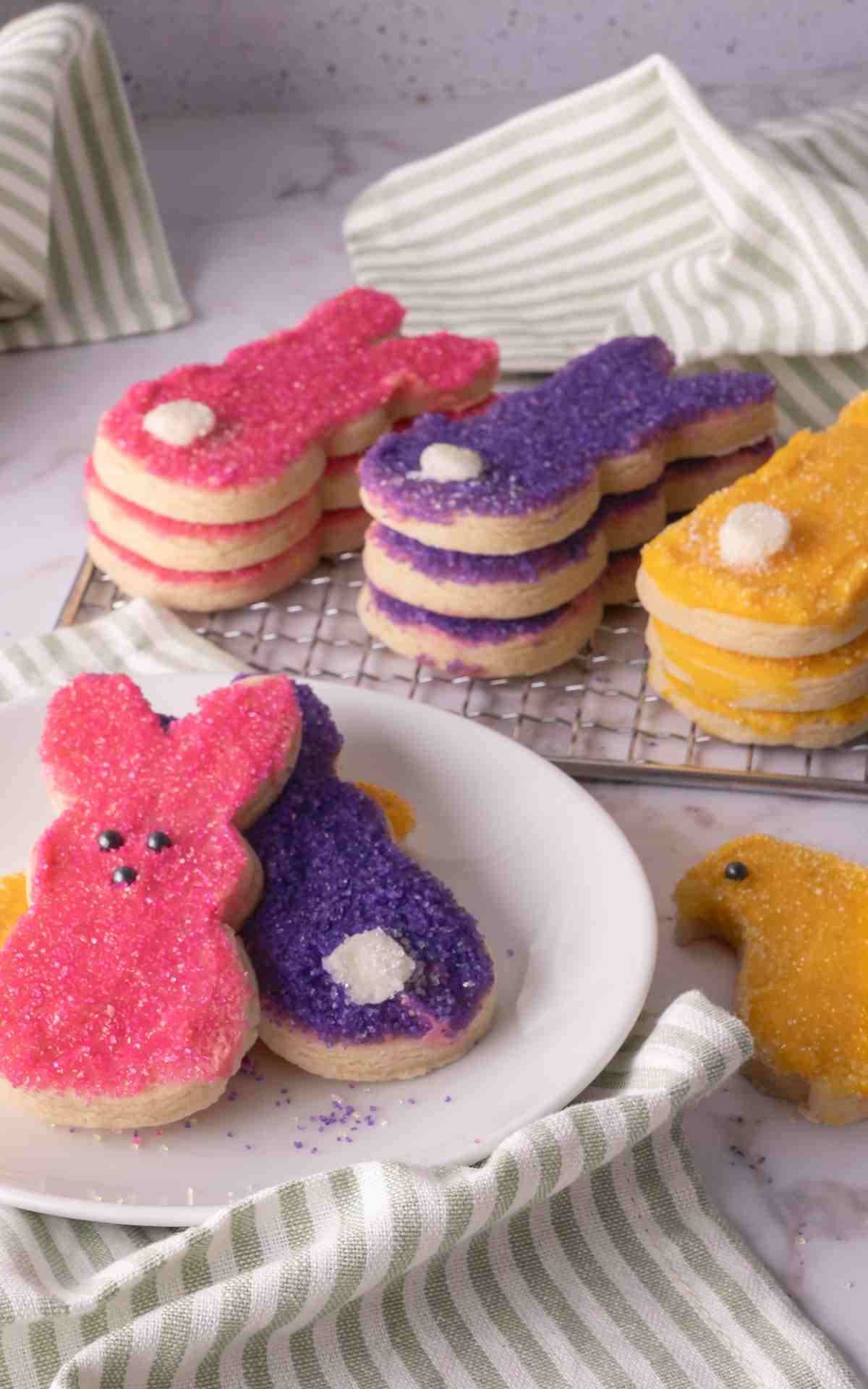 Frosted sugar cookies with colored sanding sugar.