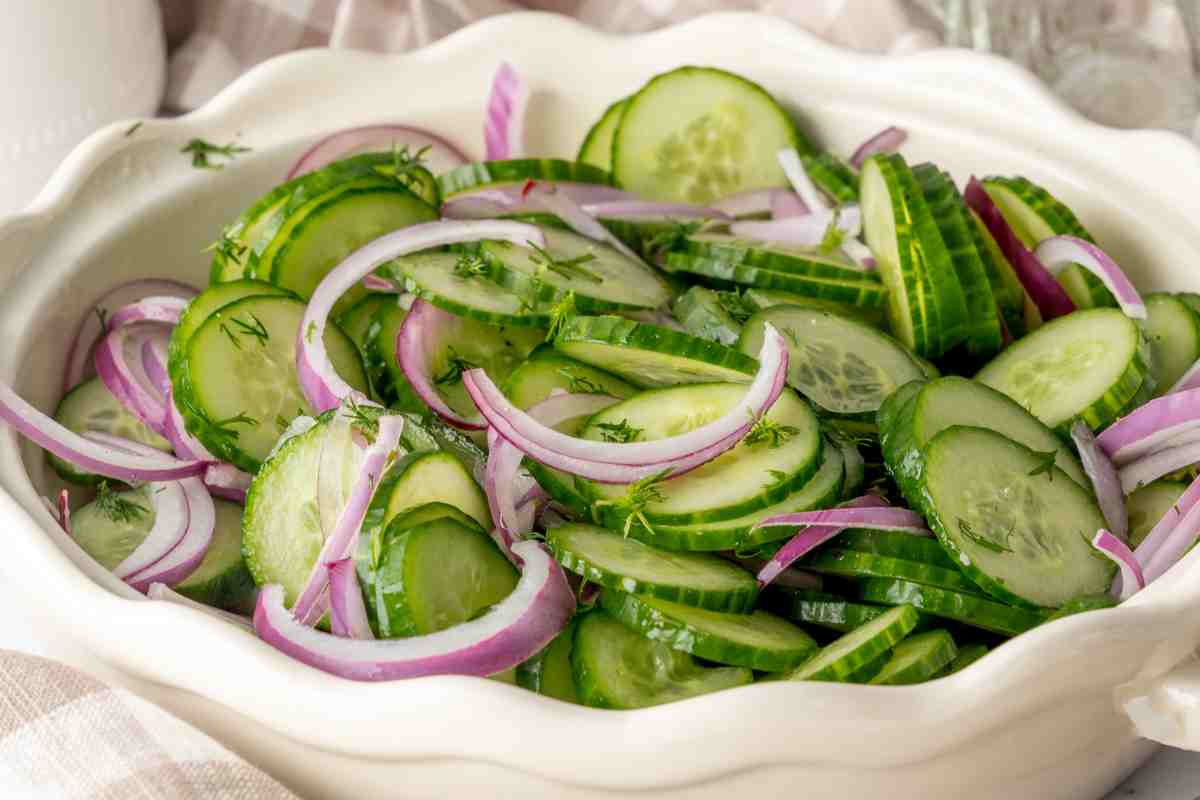 Cucumber vinegar salad in a ceramic bowl msn image.
