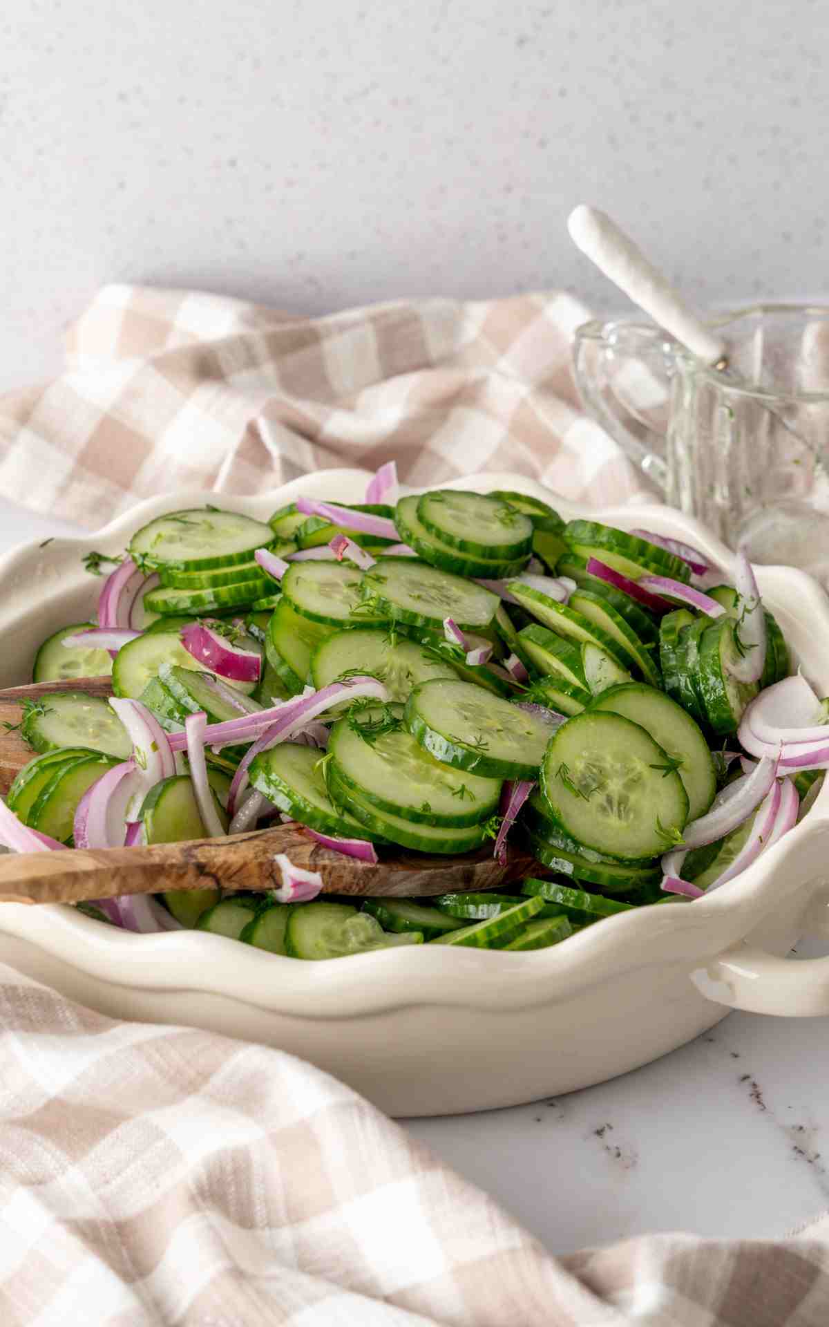 Side view of a freshly made cucumber salad with sliced red onions.