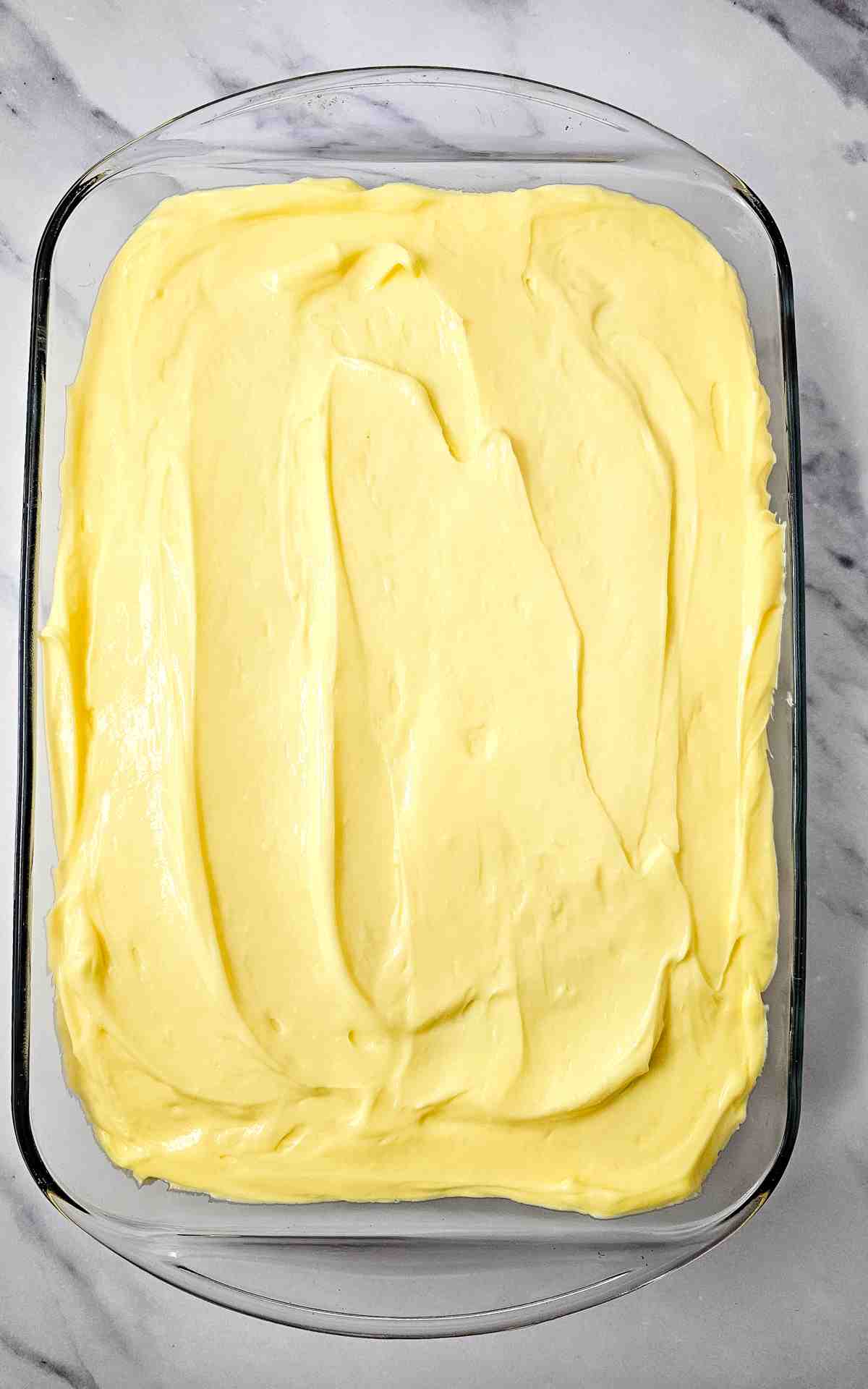 Cake Mix Banana Split topped with banana pudding mixture.