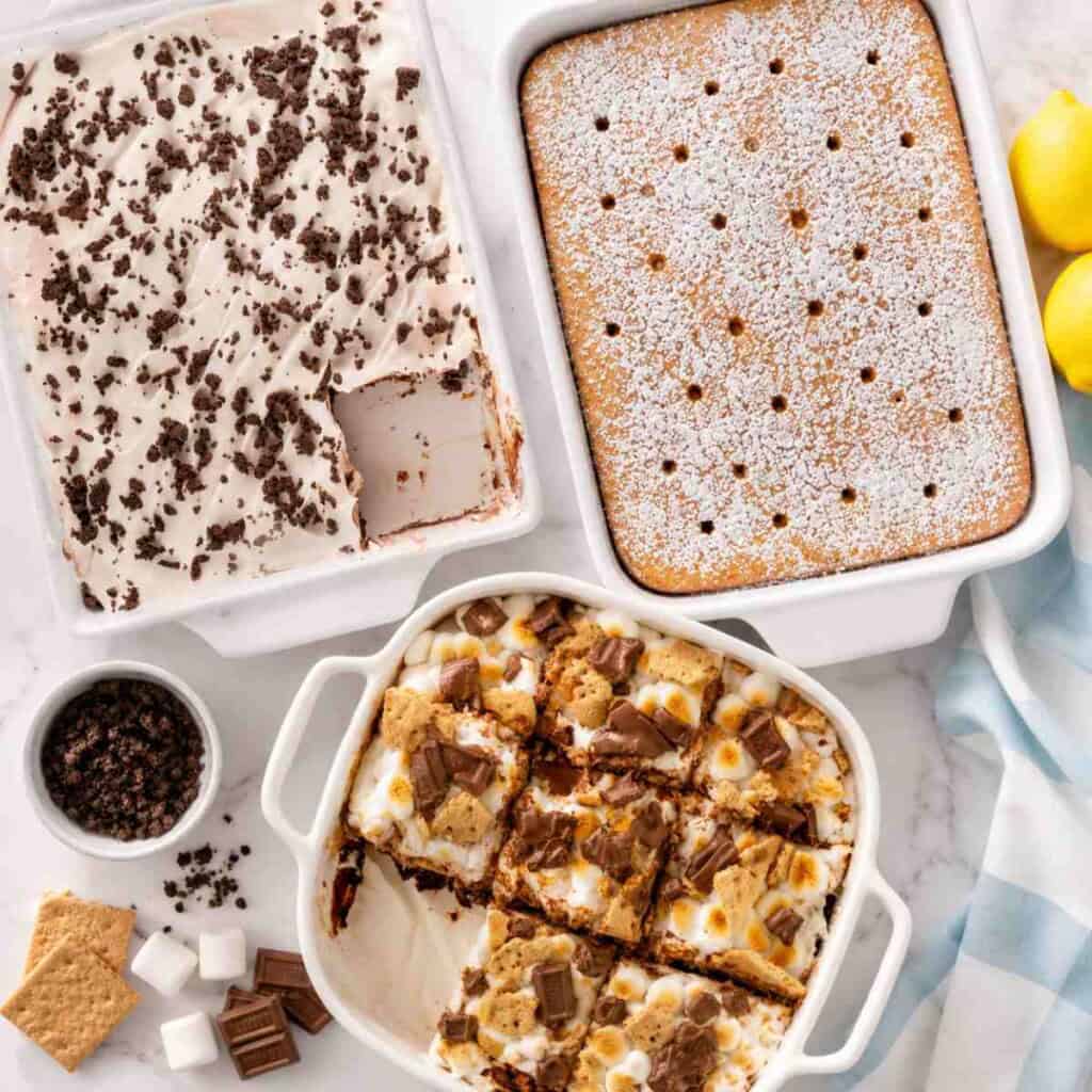 Summer Dessert Recipes including Smores brownies, chocolate lasagna, and lemon poke cake.