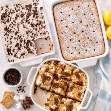 Summer Dessert Recipes including Smores brownies, chocolate lasagna, and lemon poke cake.
