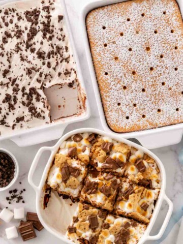 Summer Dessert Recipes including Smores brownies, chocolate lasagna, and lemon poke cake.
