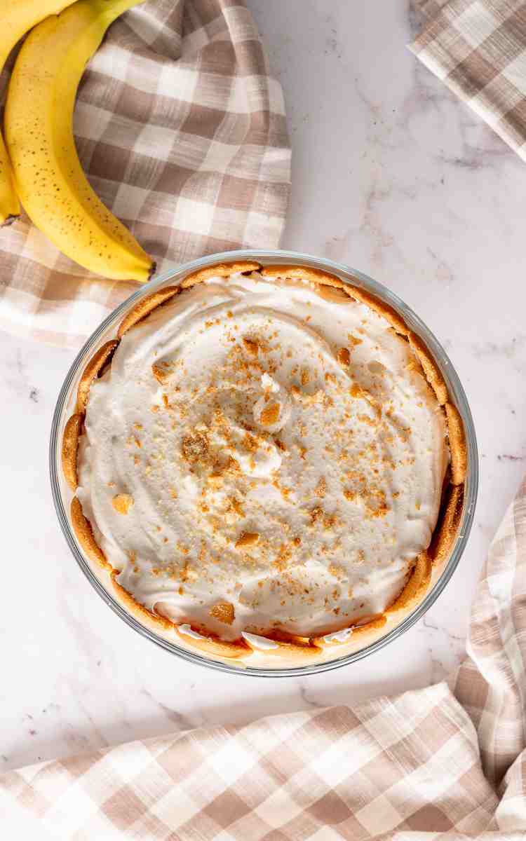Overhead picture of southern banana pudding in a large trifle dish.