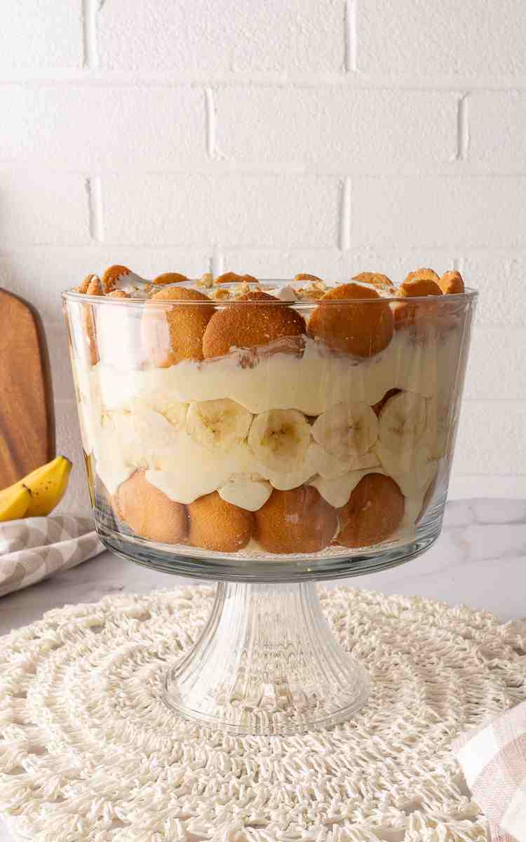 Side view of Banana wafer pudding in a large dish.