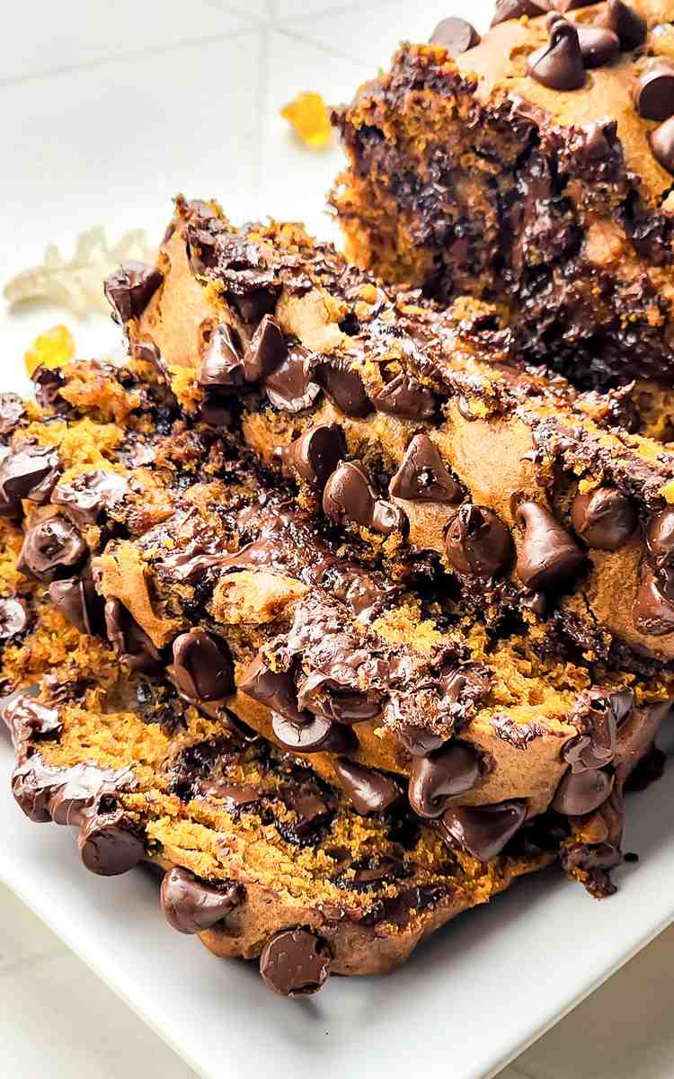 Pumpkin bread with chocolate chips freshly sliced.