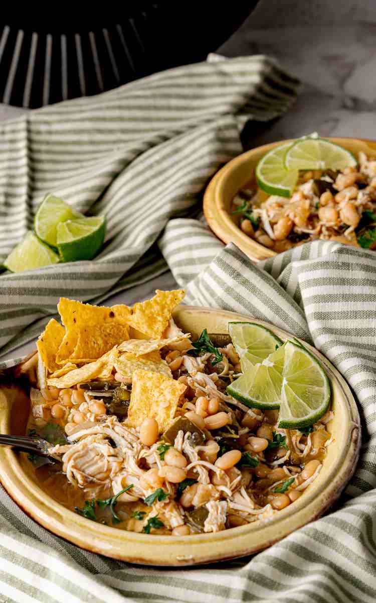Chicken chili made with beans and shredded chicken.
