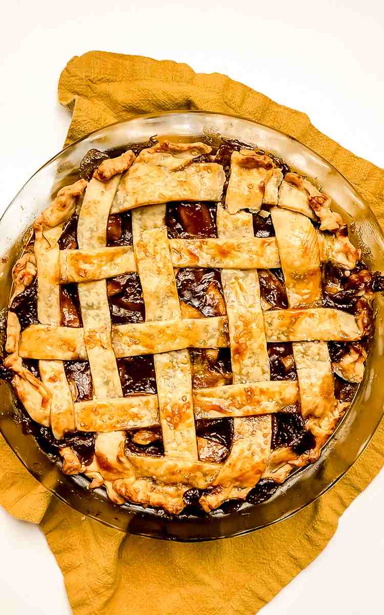 Lattice Homemade Caramel Apple Pie fresh out of the oven.