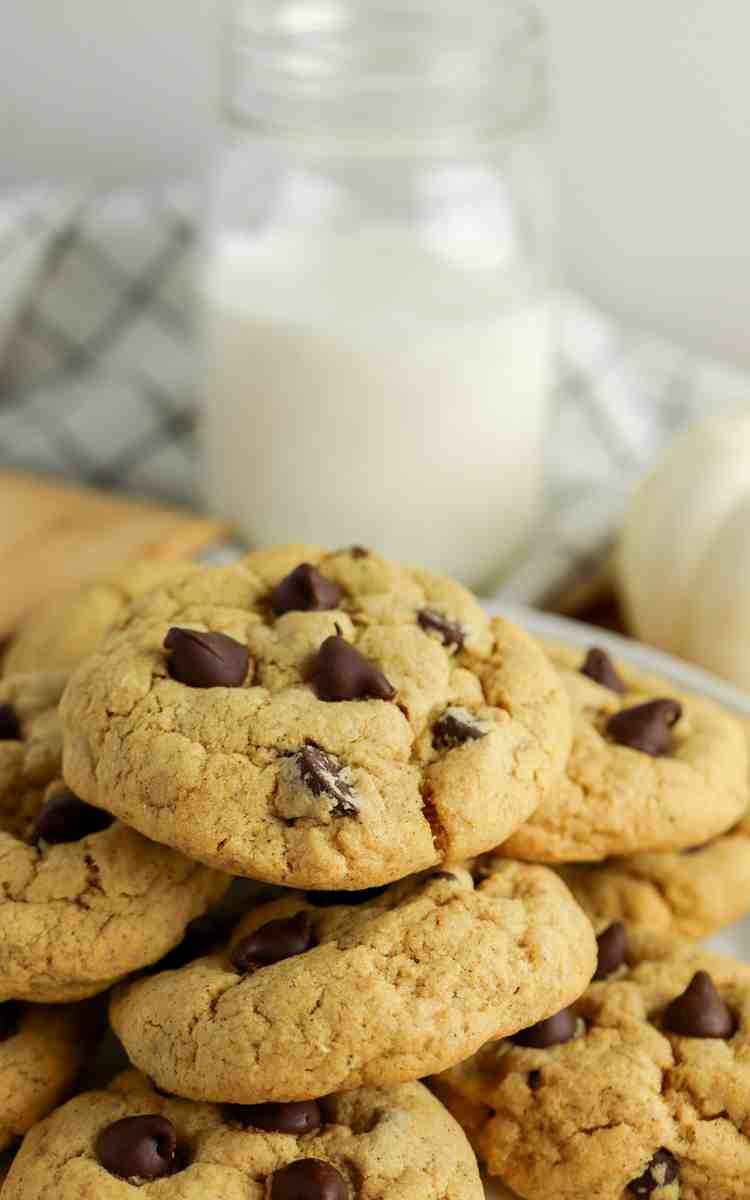 Pumpkin cookies with chocolate chips with a glass of milk in the background.