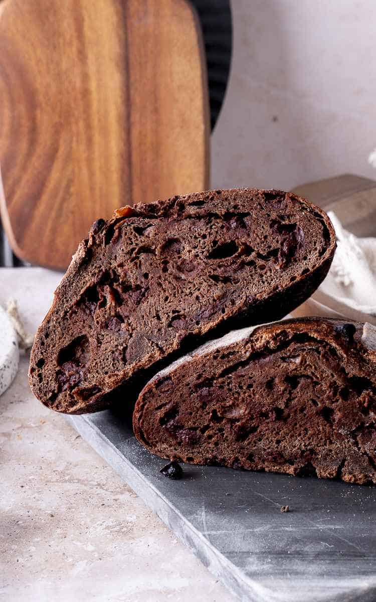 Chocolate Sourdough Bread cut in half to show chocolate and crumb.